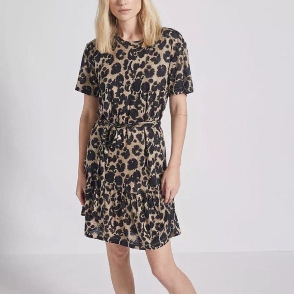 Current/Elliott Cheetah Print 100% Linen Short Sleeve Crewneck Dress Women's 2 M